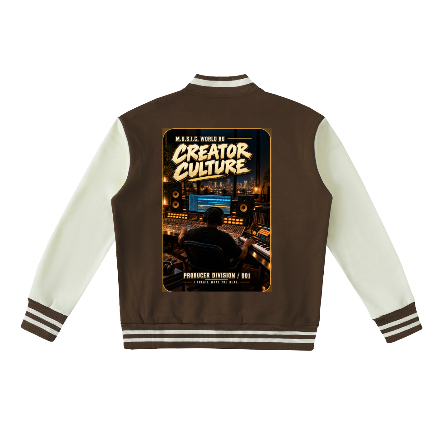 M.U.S.I.C. World HQ Creator Culture – Producer Division 001 Two-Tone Fleeced Varsity Jacket