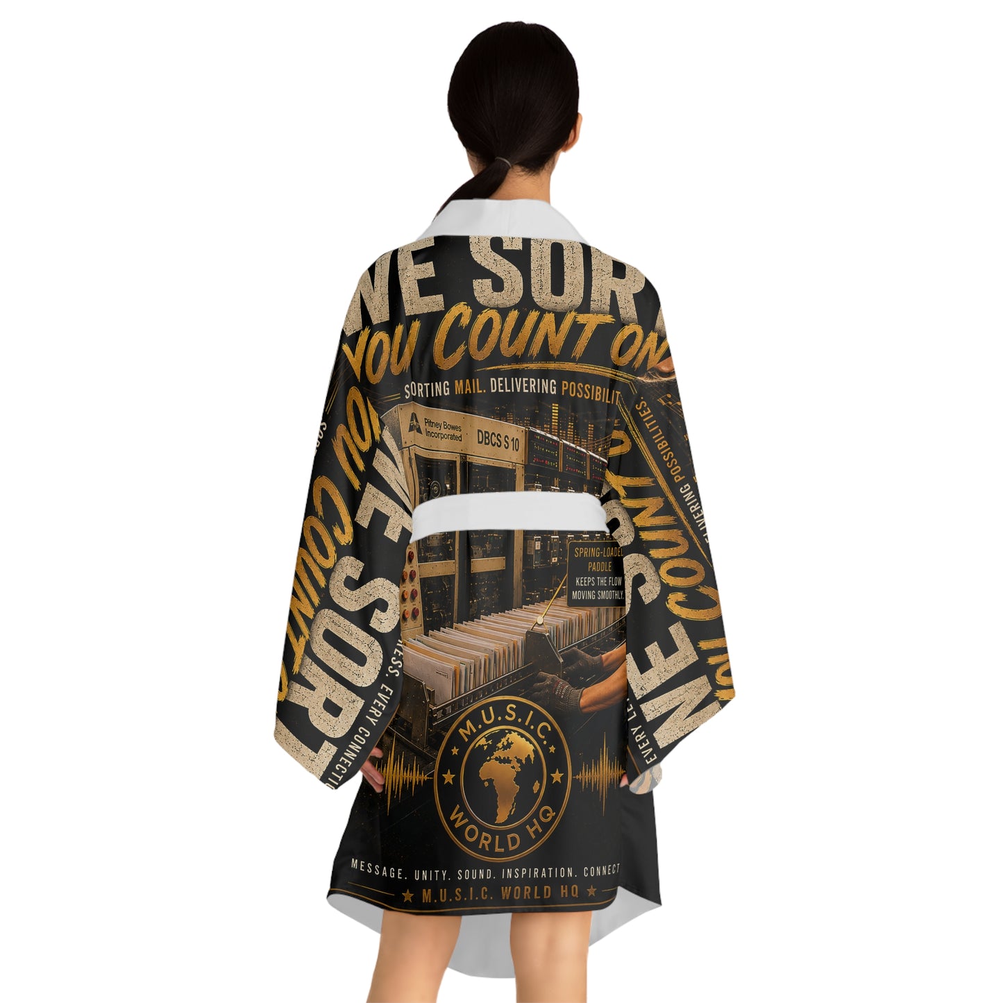 Postal Music — We Sort. You Count On It. — Long Sleeve Kimono Robe (AOP)