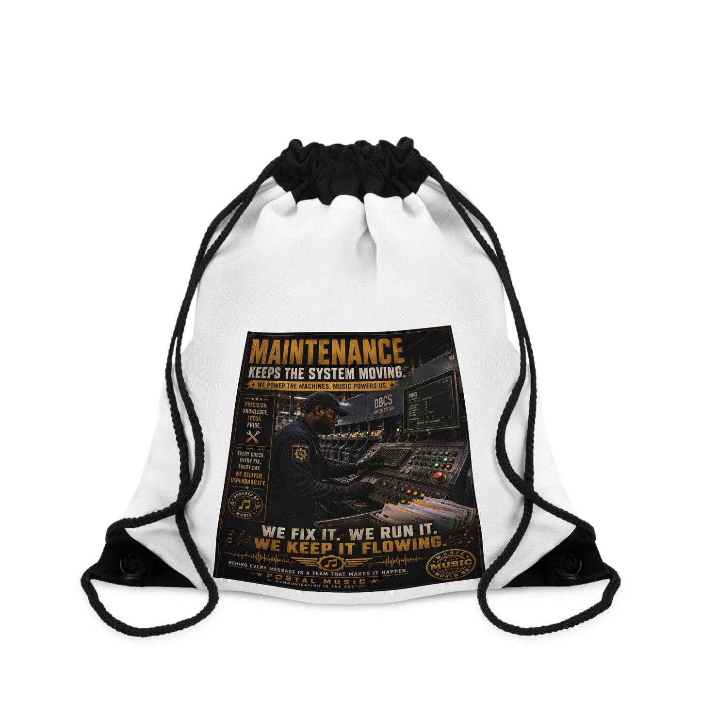 Postal Music — Maintenance Keeps the System Moving — Drawstring Backpack