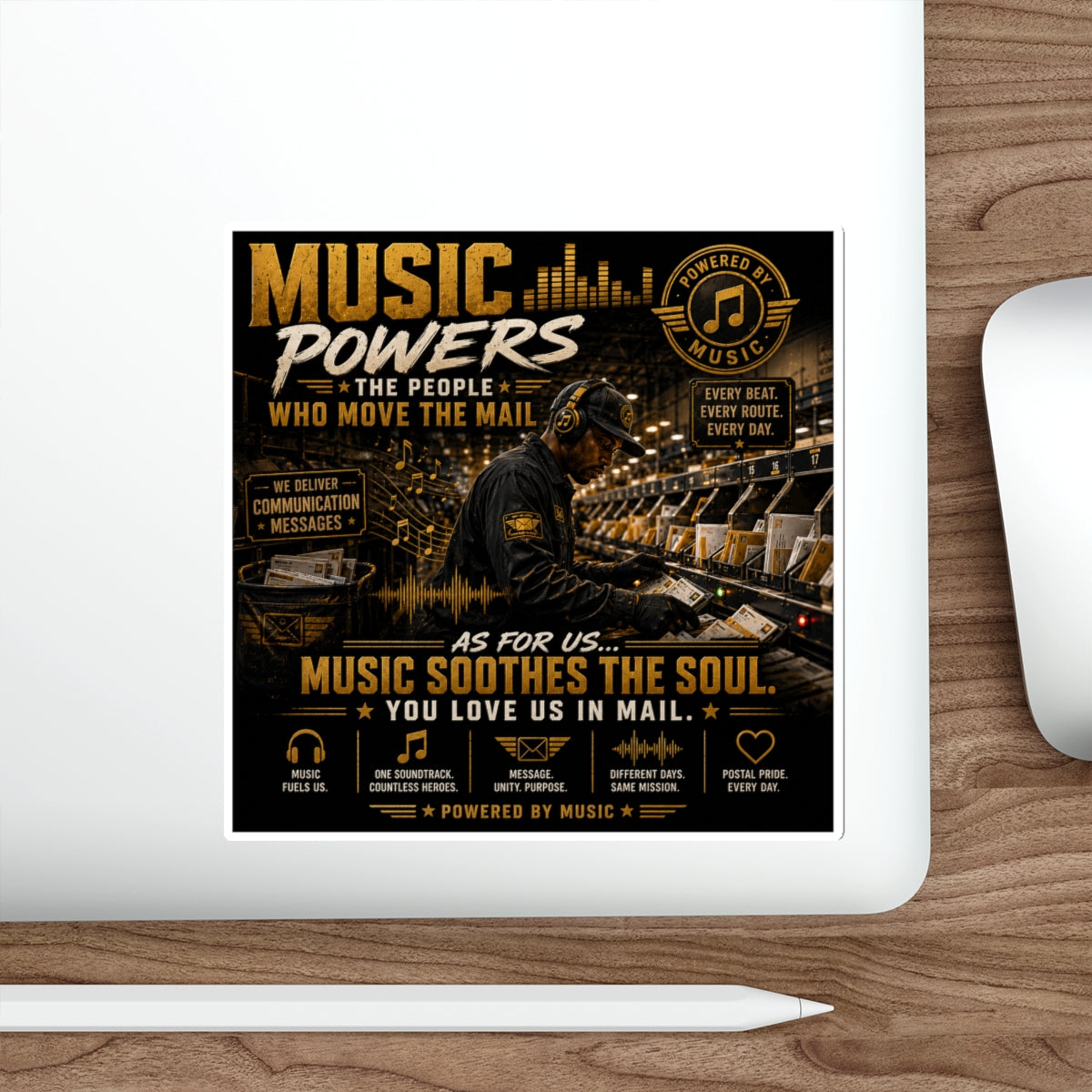 Postal Music — Music Powers the People — Die-Cut Sticker