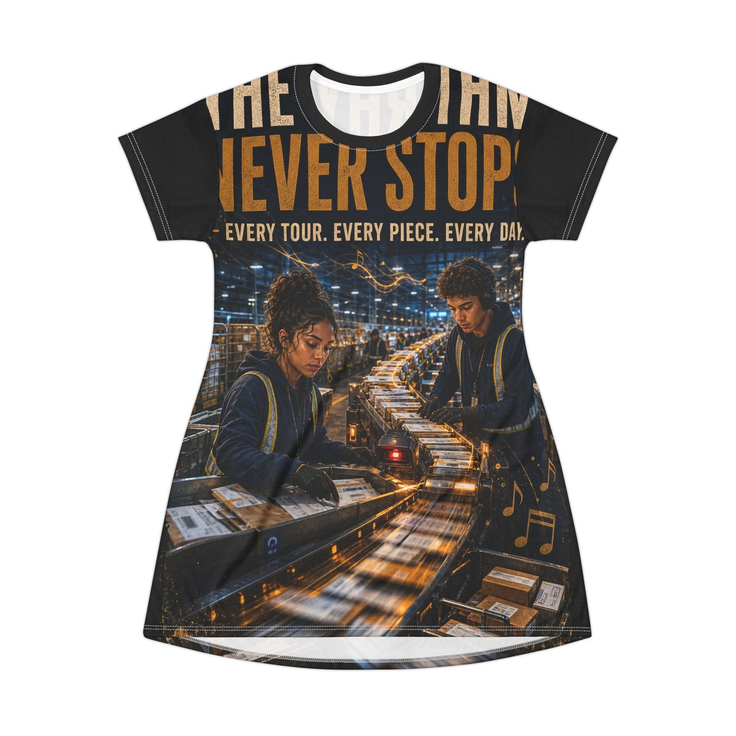 Postal Music — The Rhythm Never Stops — T-Shirt Dress (AOP)