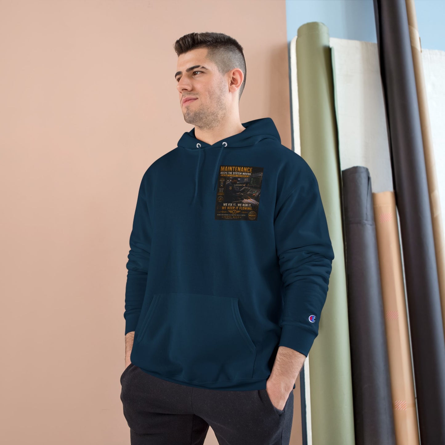Postal Music — Maintenance Keeps the System Moving — Champion Premium Hoodie
