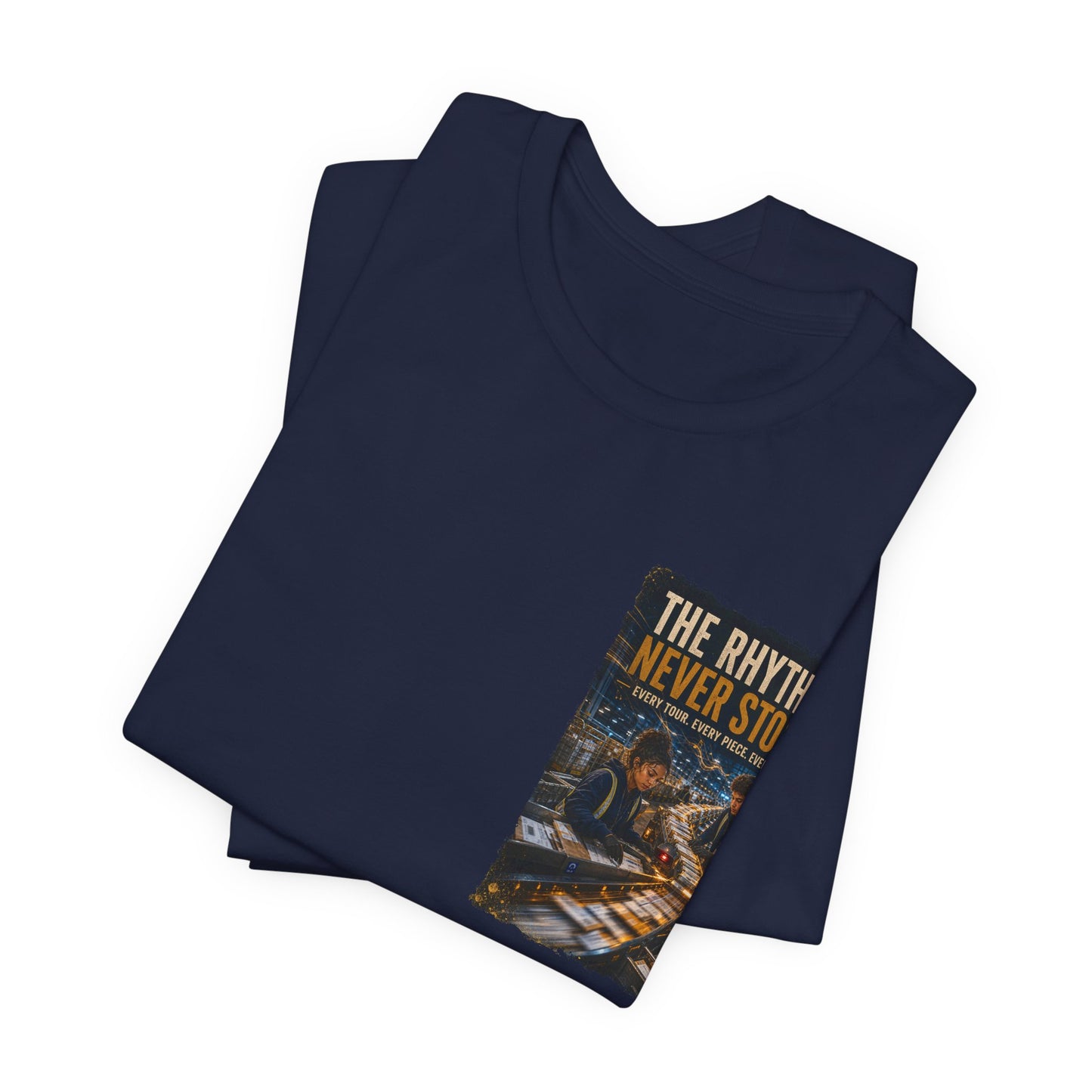 Postal Music — The Rhythm Never Stops — 4-Placement Premium Tee
