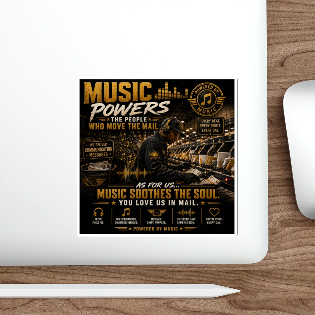 Postal Music — Music Powers the People — Die-Cut Sticker
