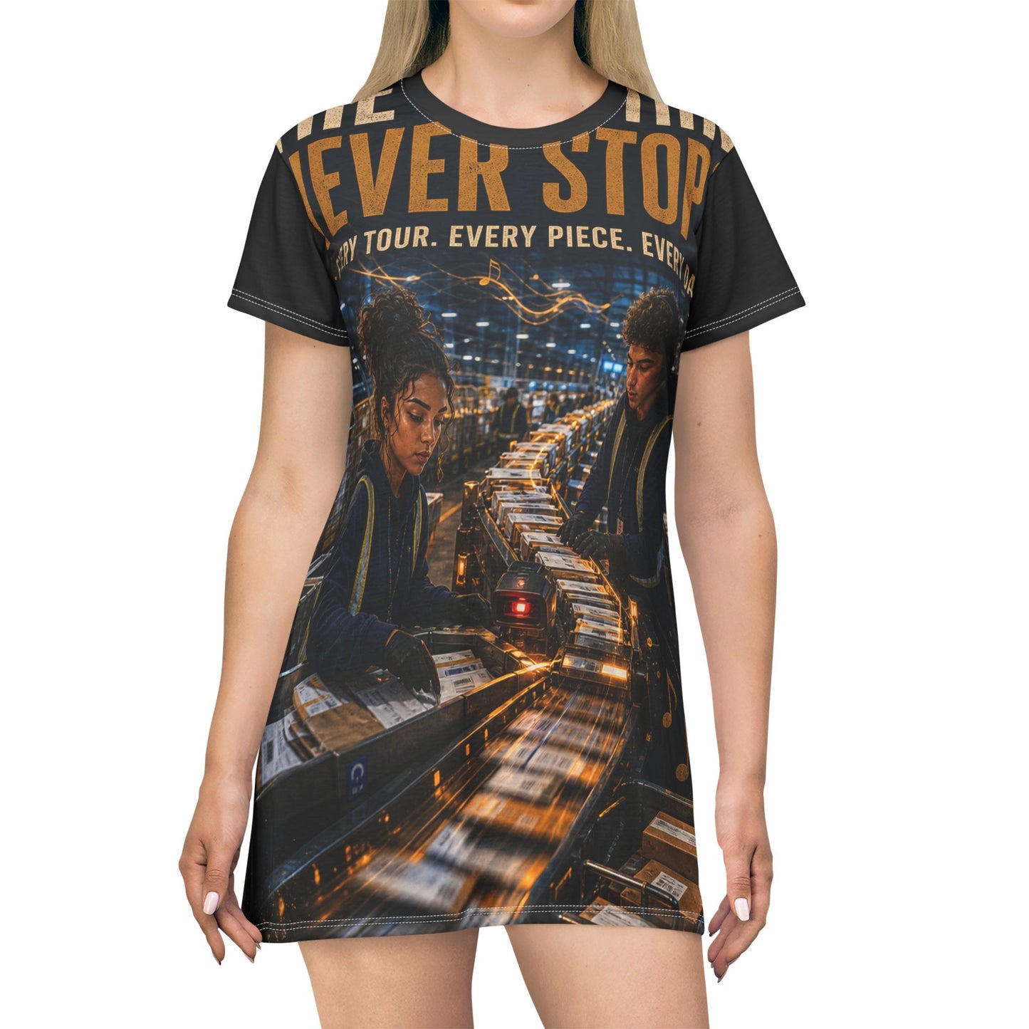 Postal Music — The Rhythm Never Stops — T-Shirt Dress (AOP)