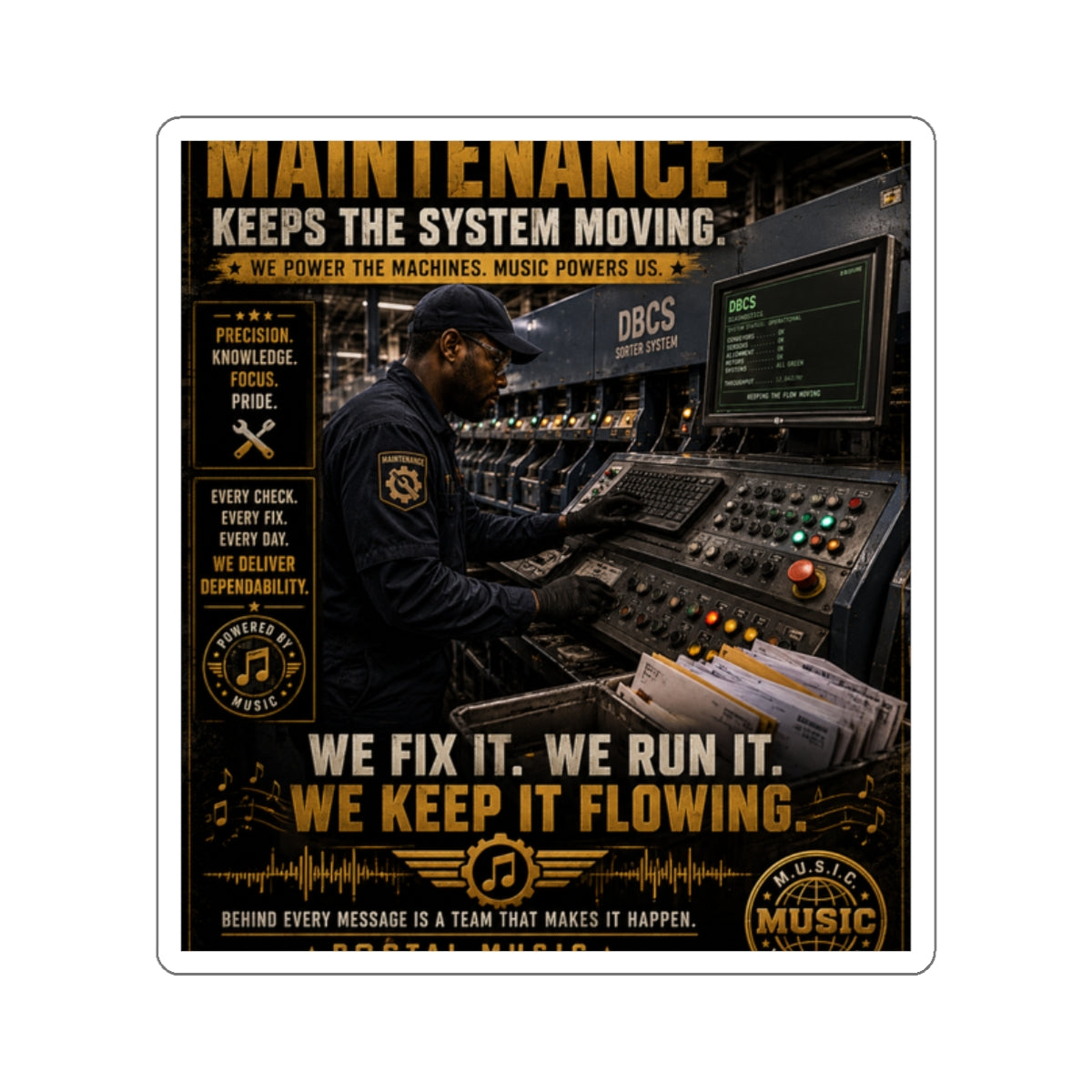 Postal Music — Maintenance Keeps the System Moving — Die-Cut Sticker