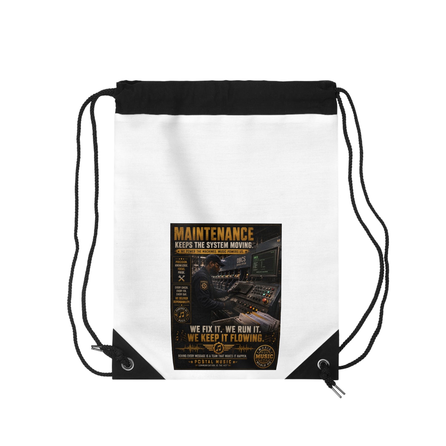 Postal Music — Maintenance Keeps the System Moving — Drawstring Backpack