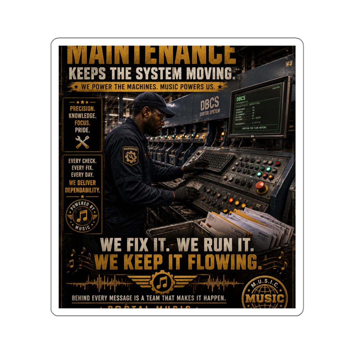 Postal Music — Maintenance Keeps the System Moving — Die-Cut Sticker