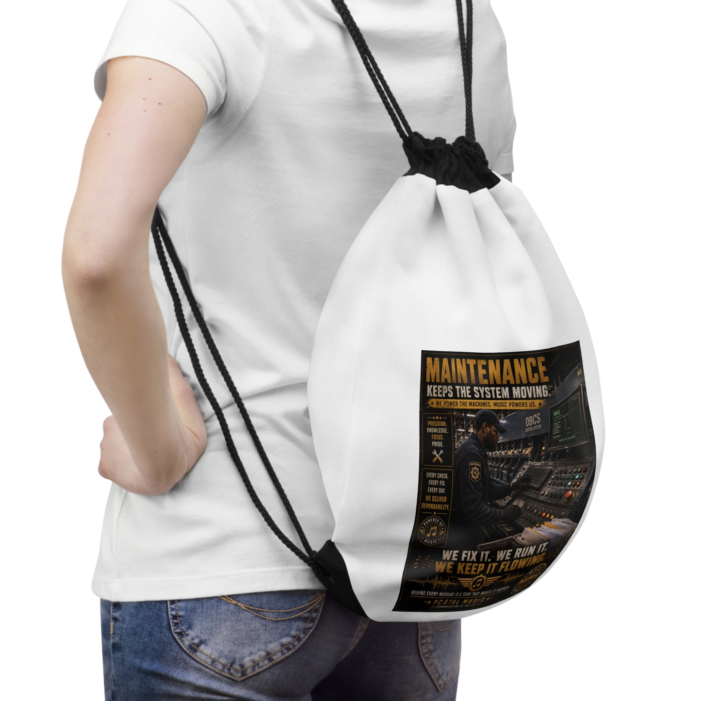 Postal Music — Maintenance Keeps the System Moving — Drawstring Backpack