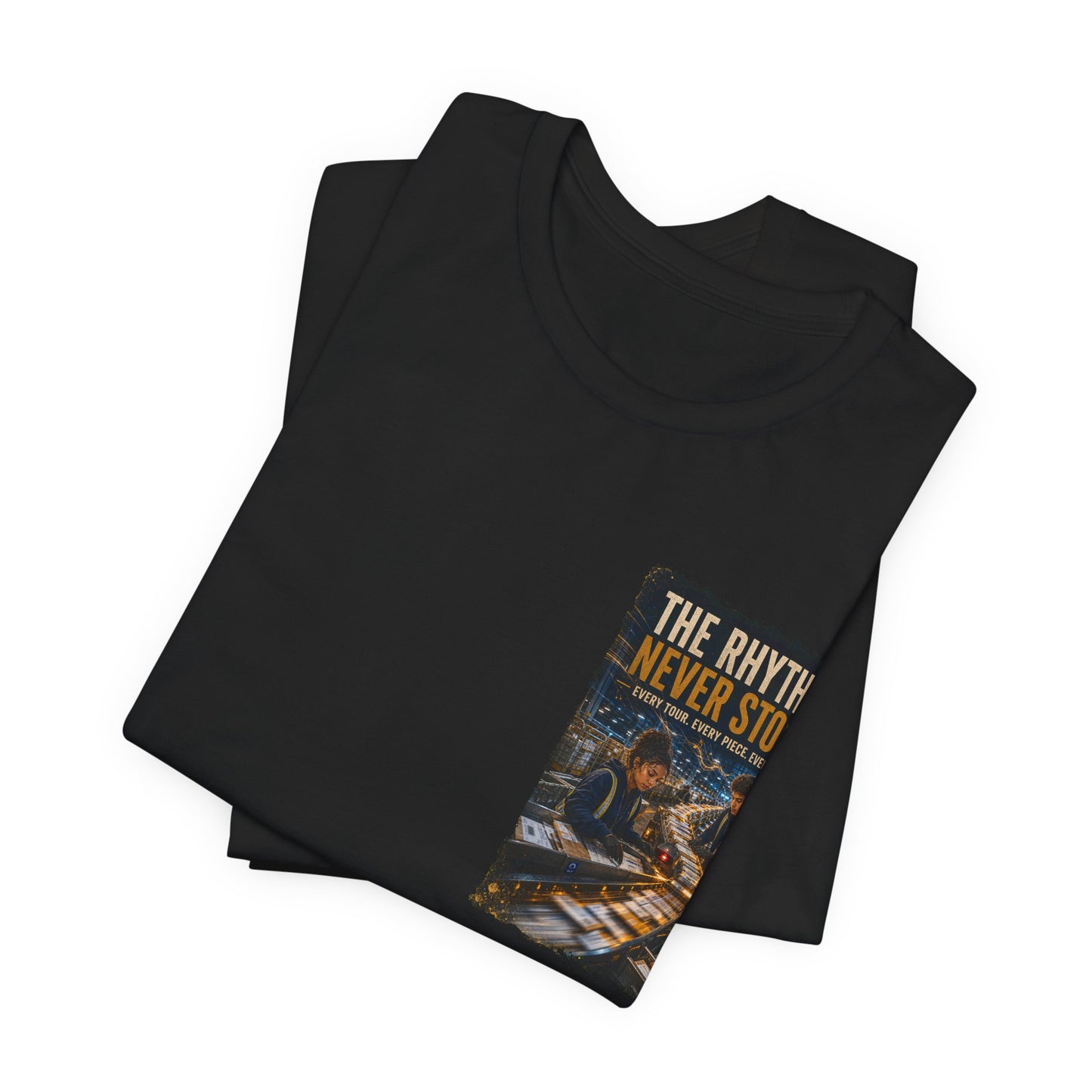 Postal Music — The Rhythm Never Stops — 4-Placement Premium Tee