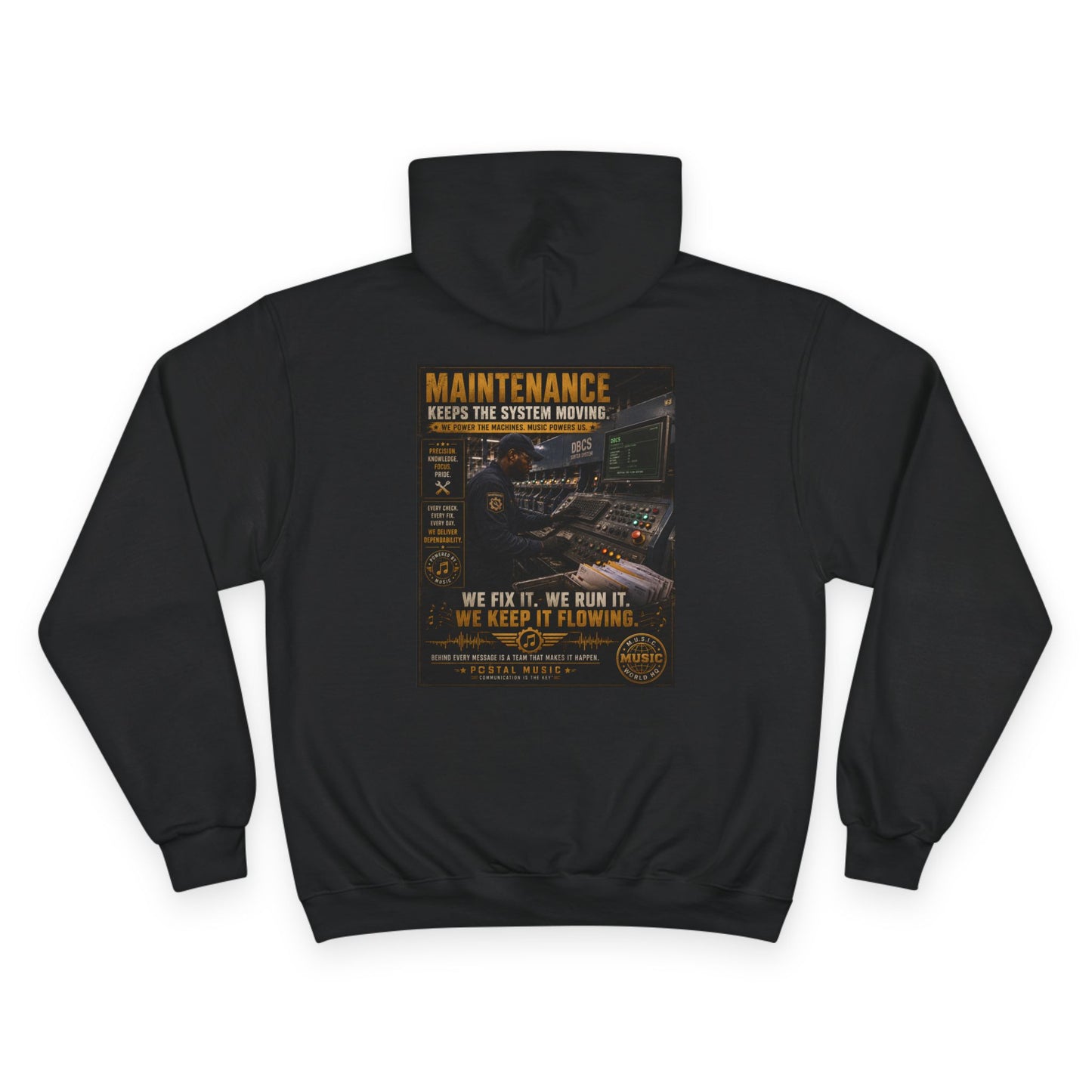 Postal Music — Maintenance Keeps the System Moving — Champion Premium Hoodie