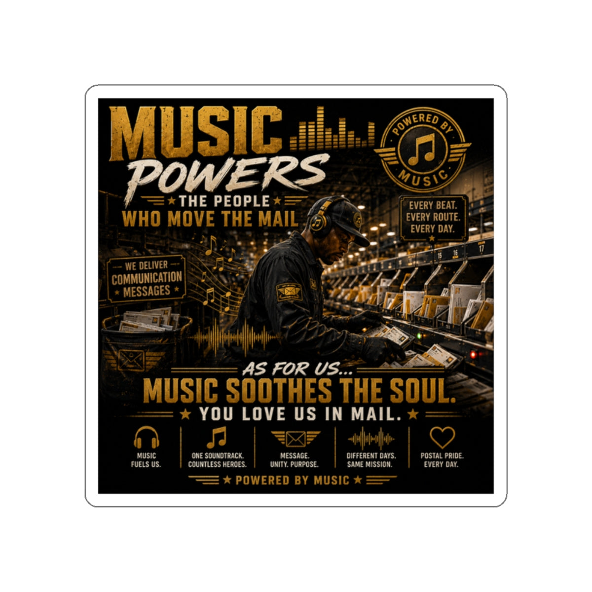 Postal Music — Music Powers the People — Die-Cut Sticker