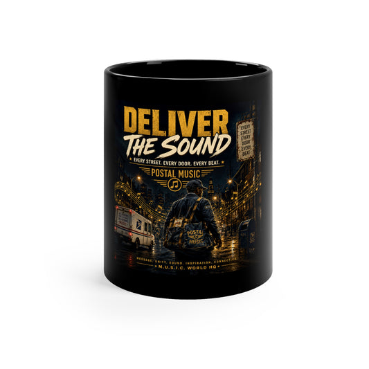 Postal Music — Deliver the Sound — Black Coffee Mug 11oz