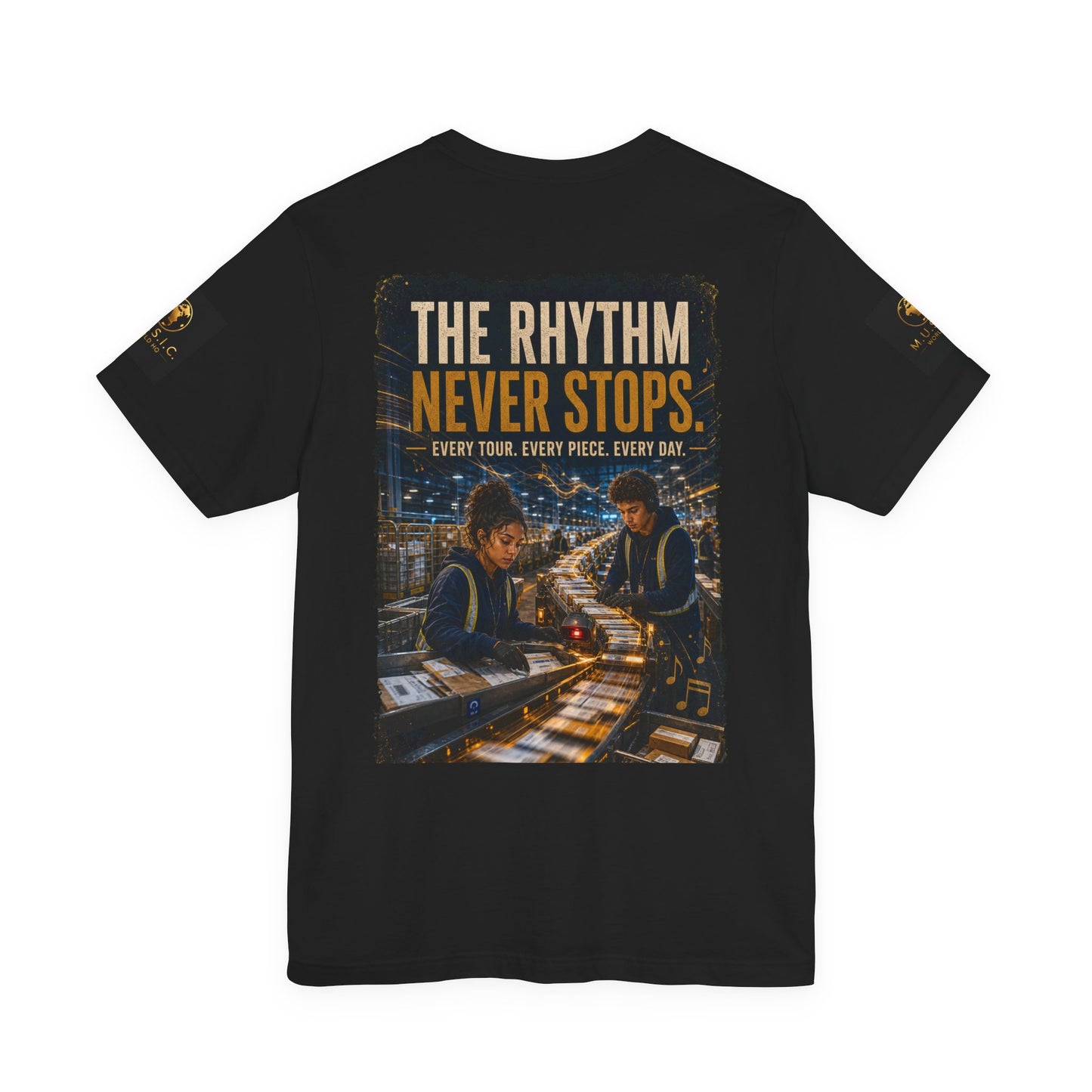 Postal Music — The Rhythm Never Stops — 4-Placement Premium Tee