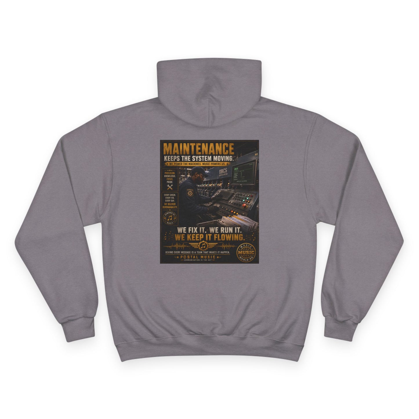 Postal Music — Maintenance Keeps the System Moving — Champion Premium Hoodie
