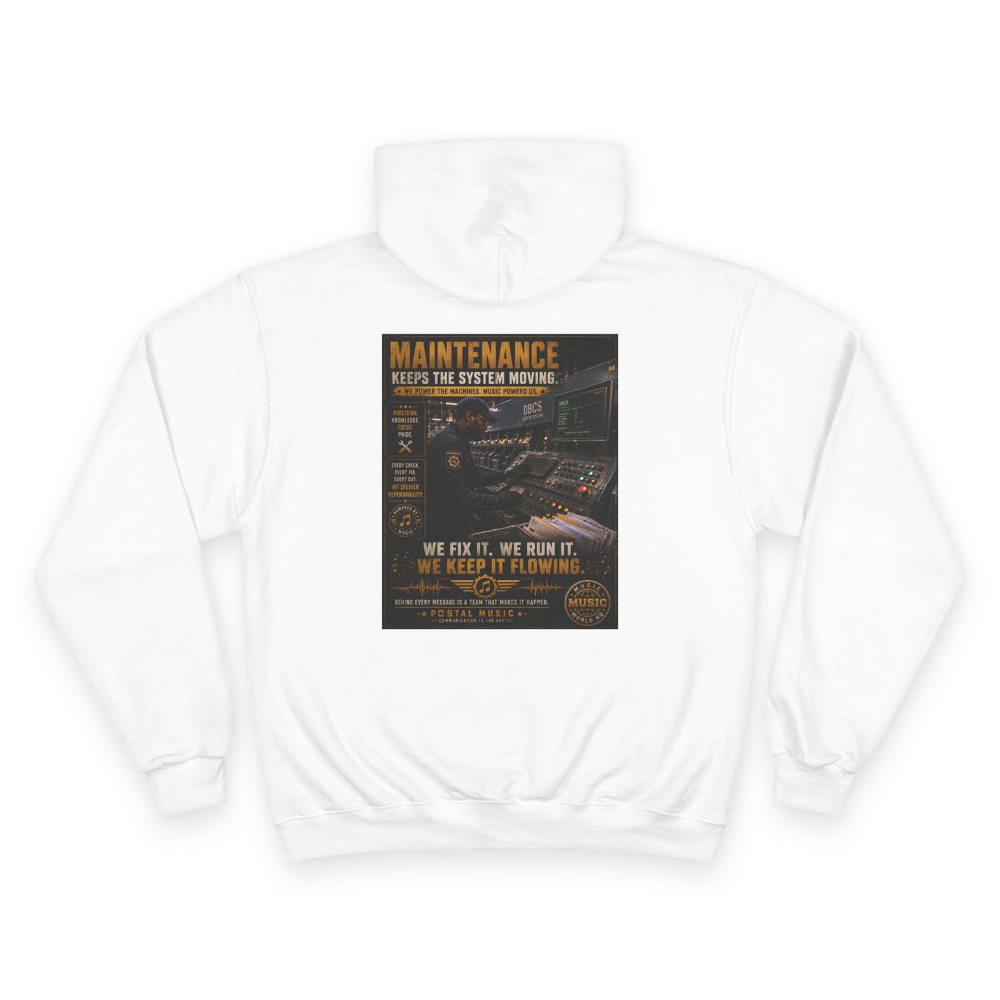 Postal Music — Maintenance Keeps the System Moving — Champion Premium Hoodie