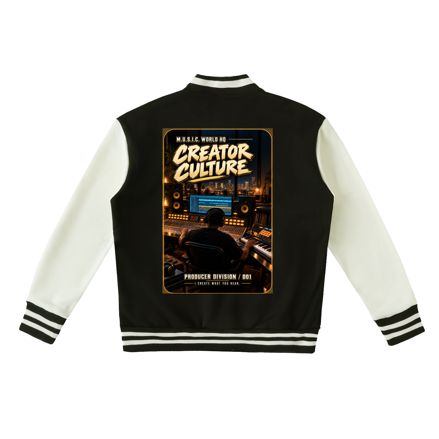 M.U.S.I.C. World HQ Creator Culture – Producer Division 001 Two-Tone Fleeced Varsity Jacket