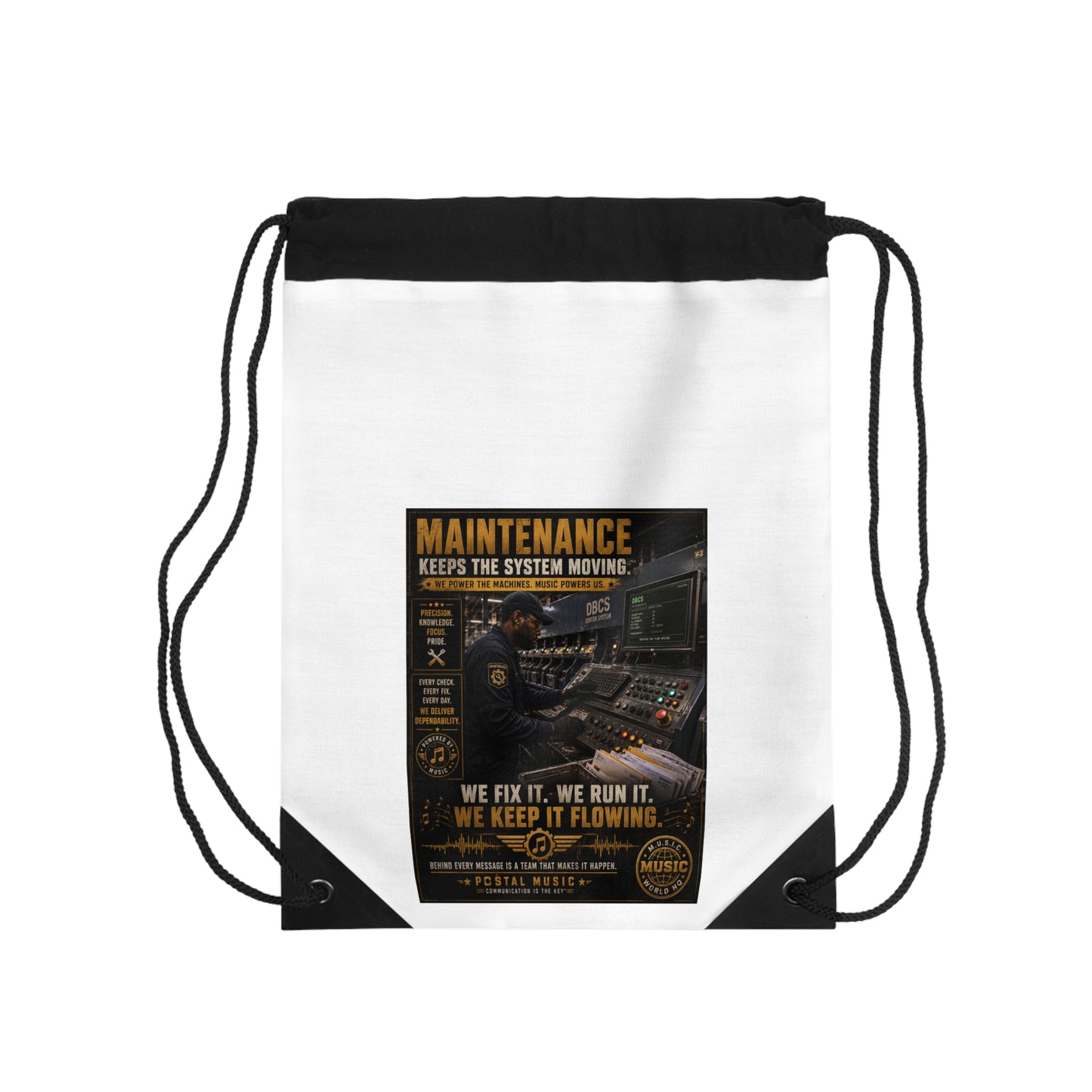 Postal Music — Maintenance Keeps the System Moving — Drawstring Backpack