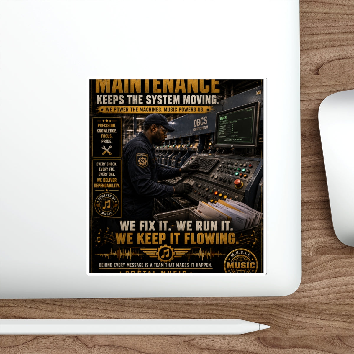 Postal Music — Maintenance Keeps the System Moving — Die-Cut Sticker