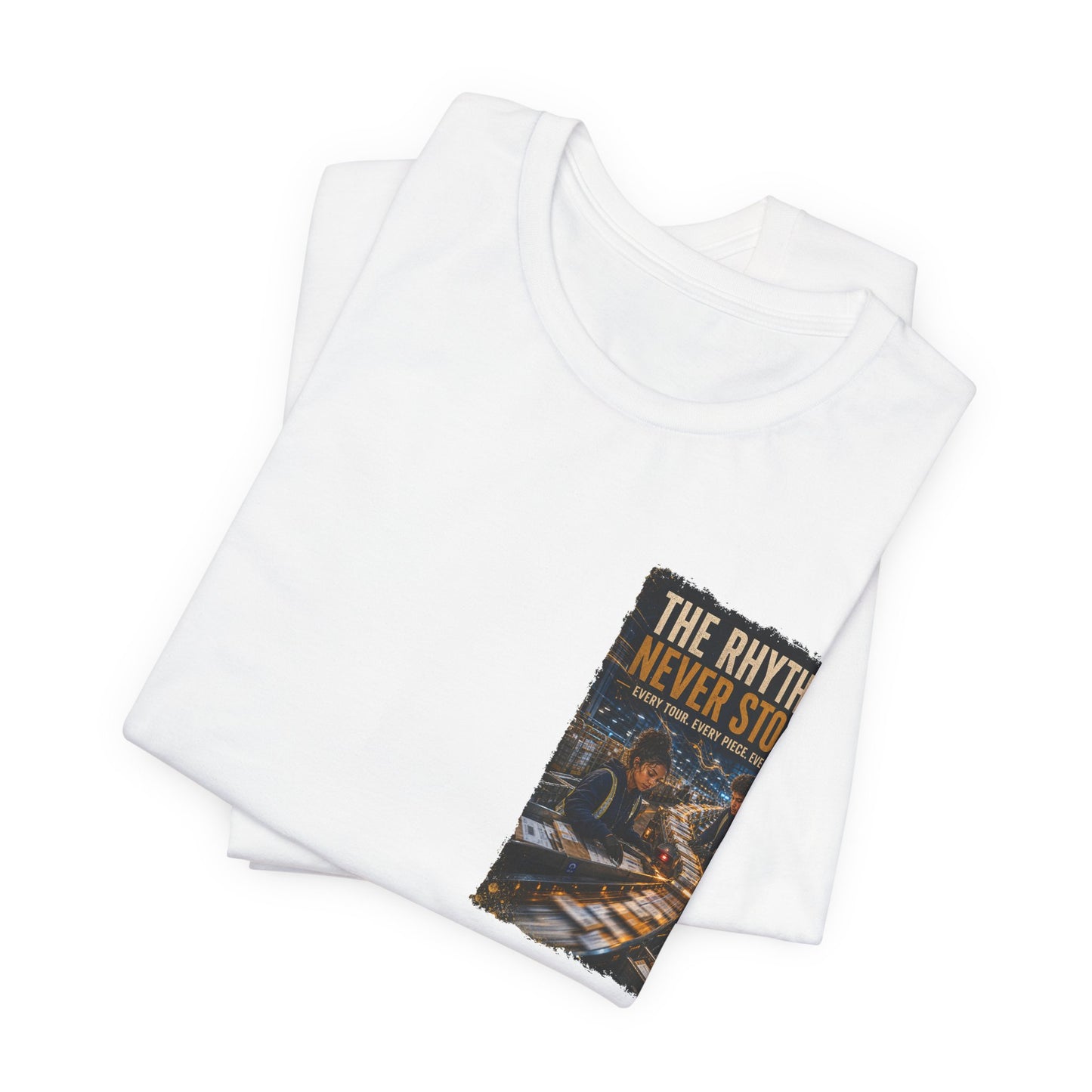 Postal Music — The Rhythm Never Stops — 4-Placement Premium Tee