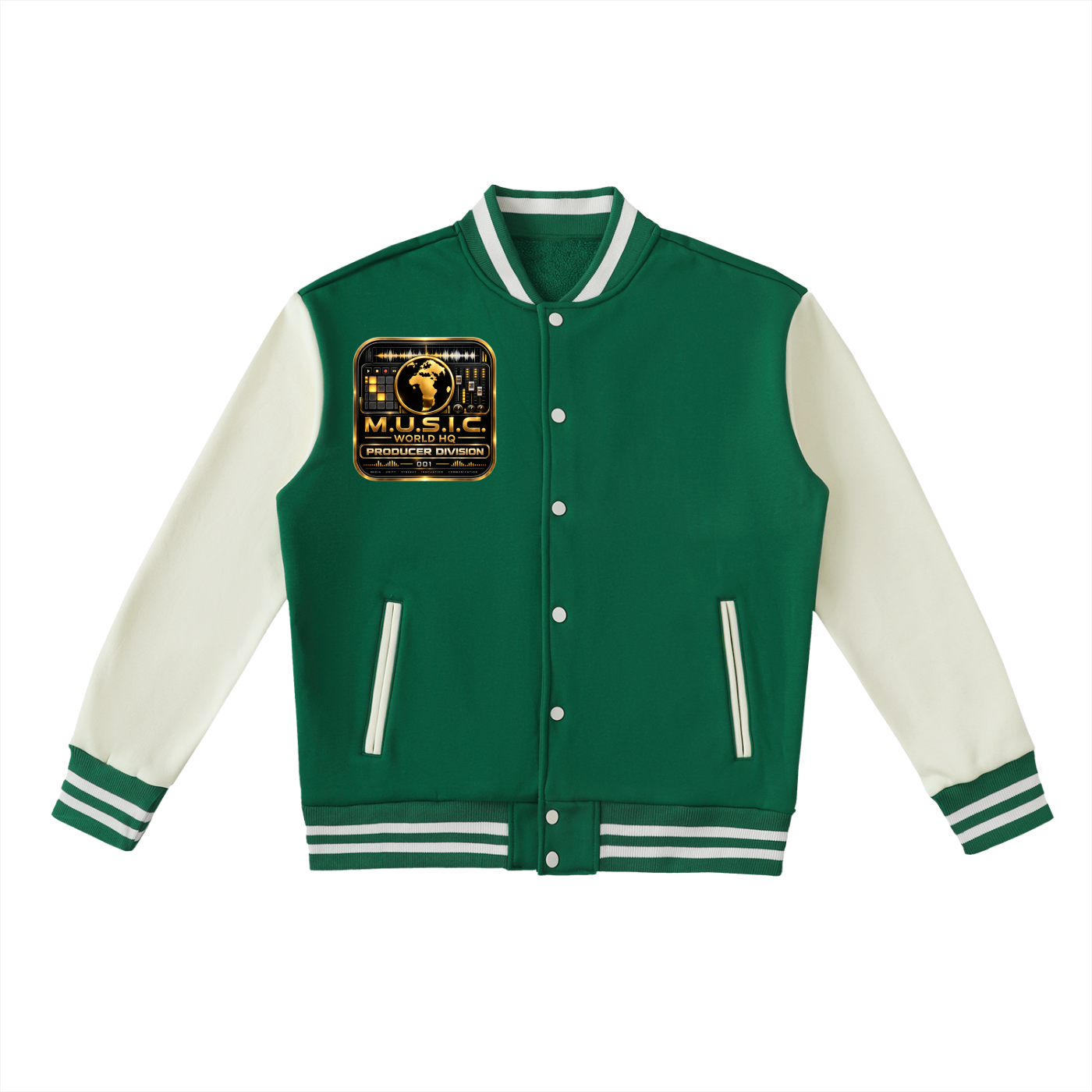 M.U.S.I.C. World HQ Creator Culture – Producer Division 001 Two-Tone Fleeced Varsity Jacket