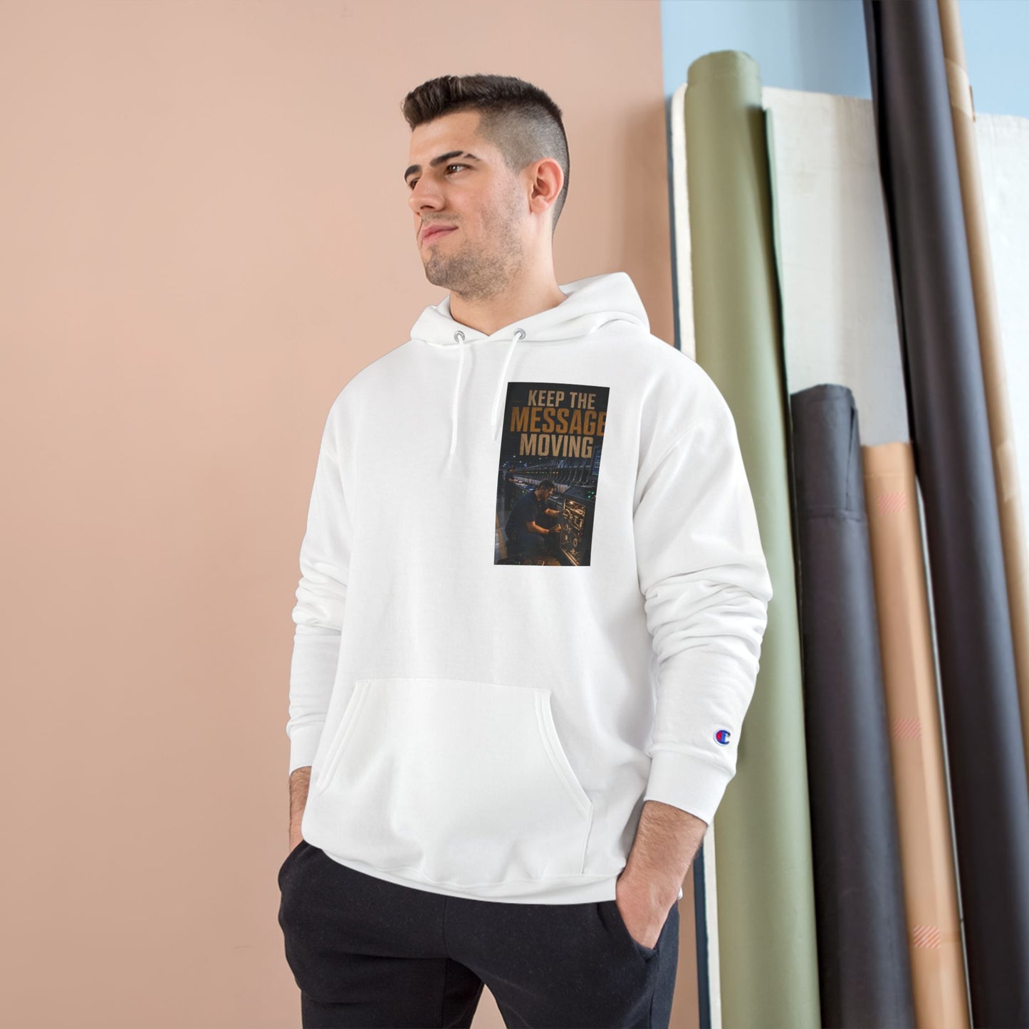 Postal Music — Keep the Message Moving — Champion Premium Hoodie