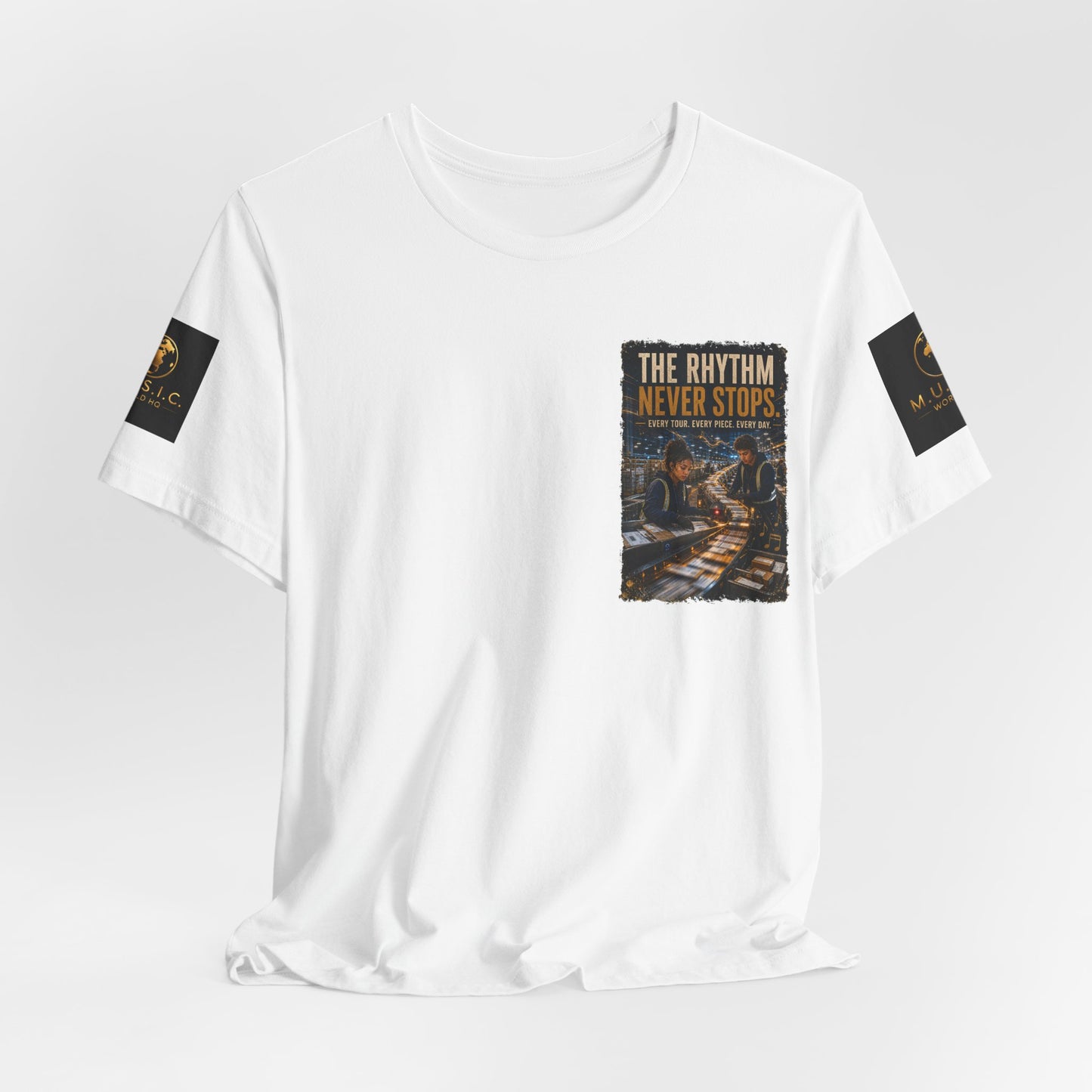 Postal Music — The Rhythm Never Stops — 4-Placement Premium Tee