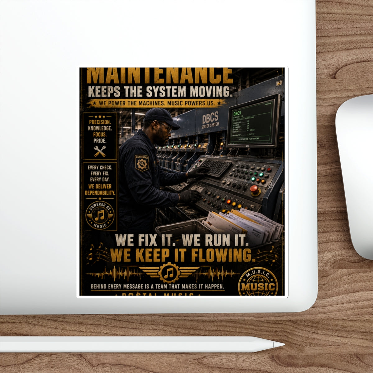Postal Music — Maintenance Keeps the System Moving — Die-Cut Sticker