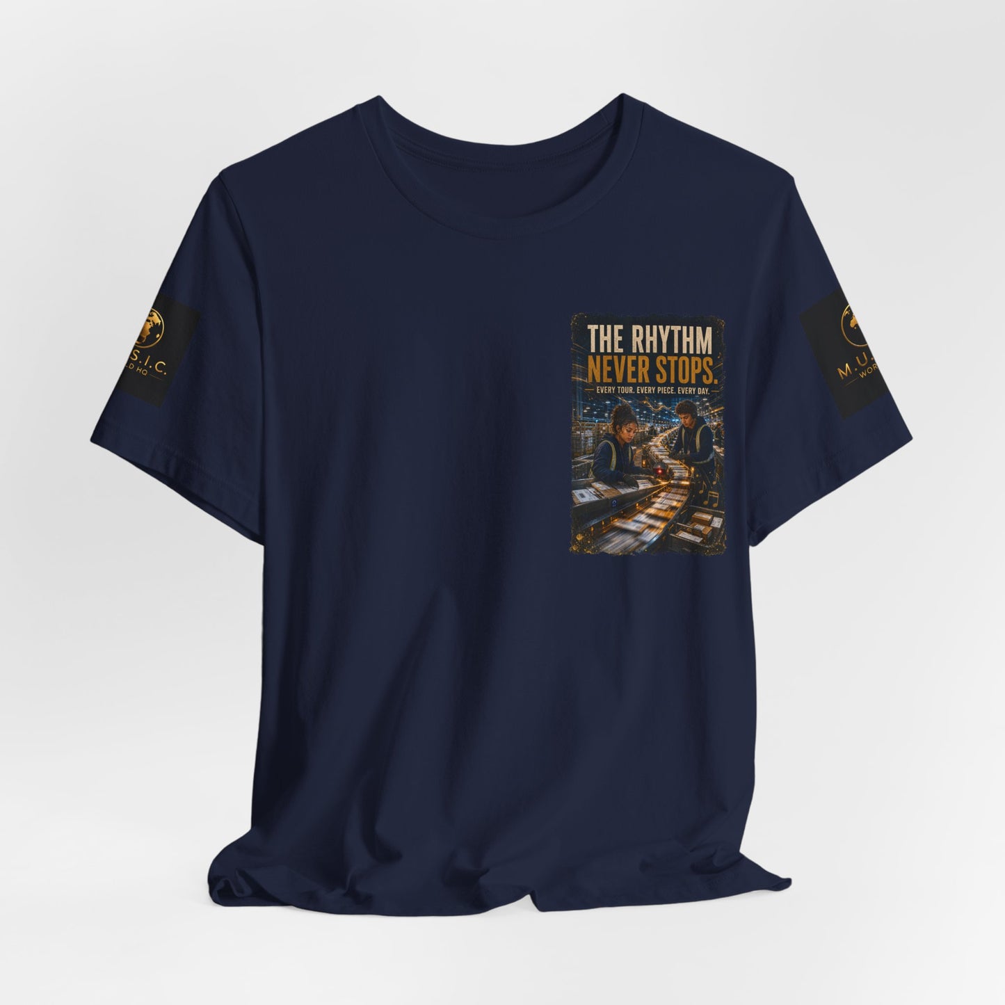Postal Music — The Rhythm Never Stops — 4-Placement Premium Tee