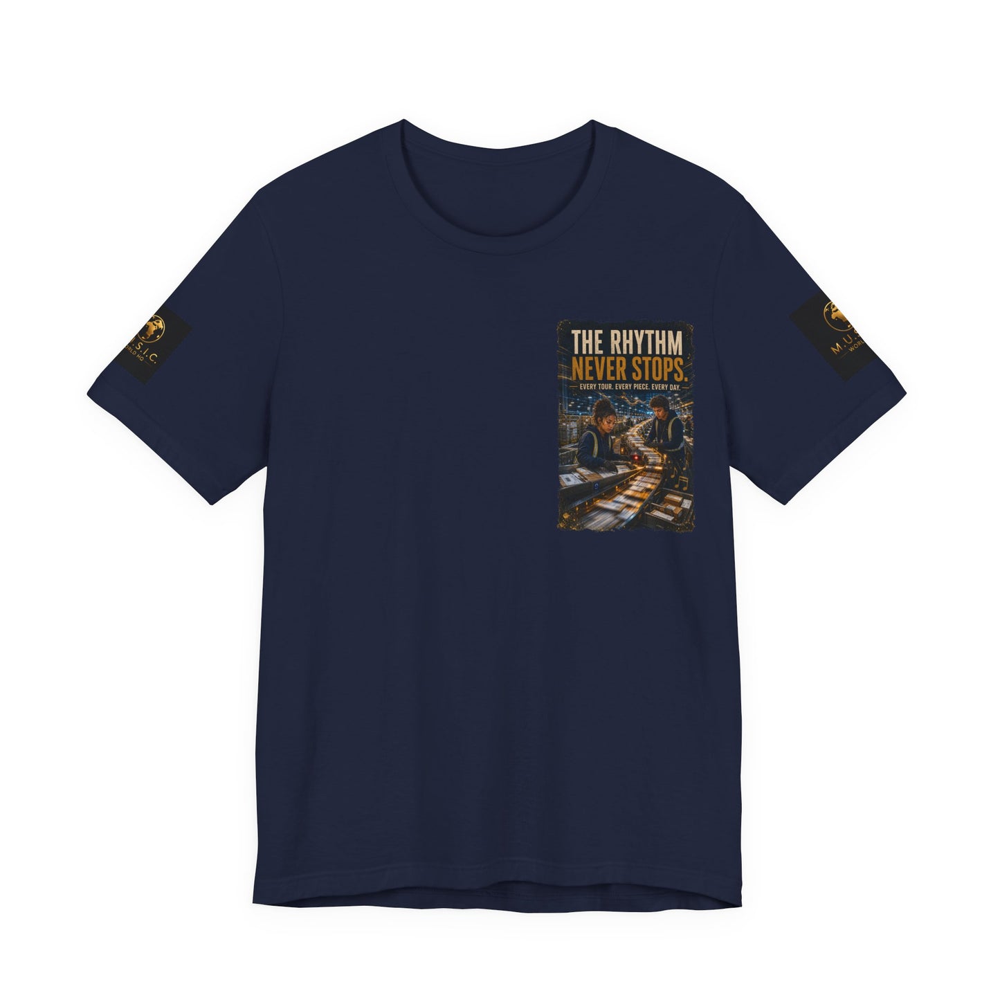 Postal Music — The Rhythm Never Stops — 4-Placement Premium Tee