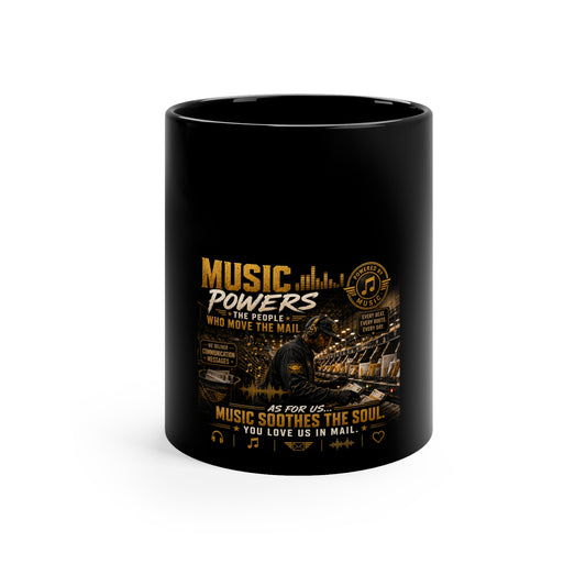Postal Music — Music Powers the People — Black Coffee Mug 11oz