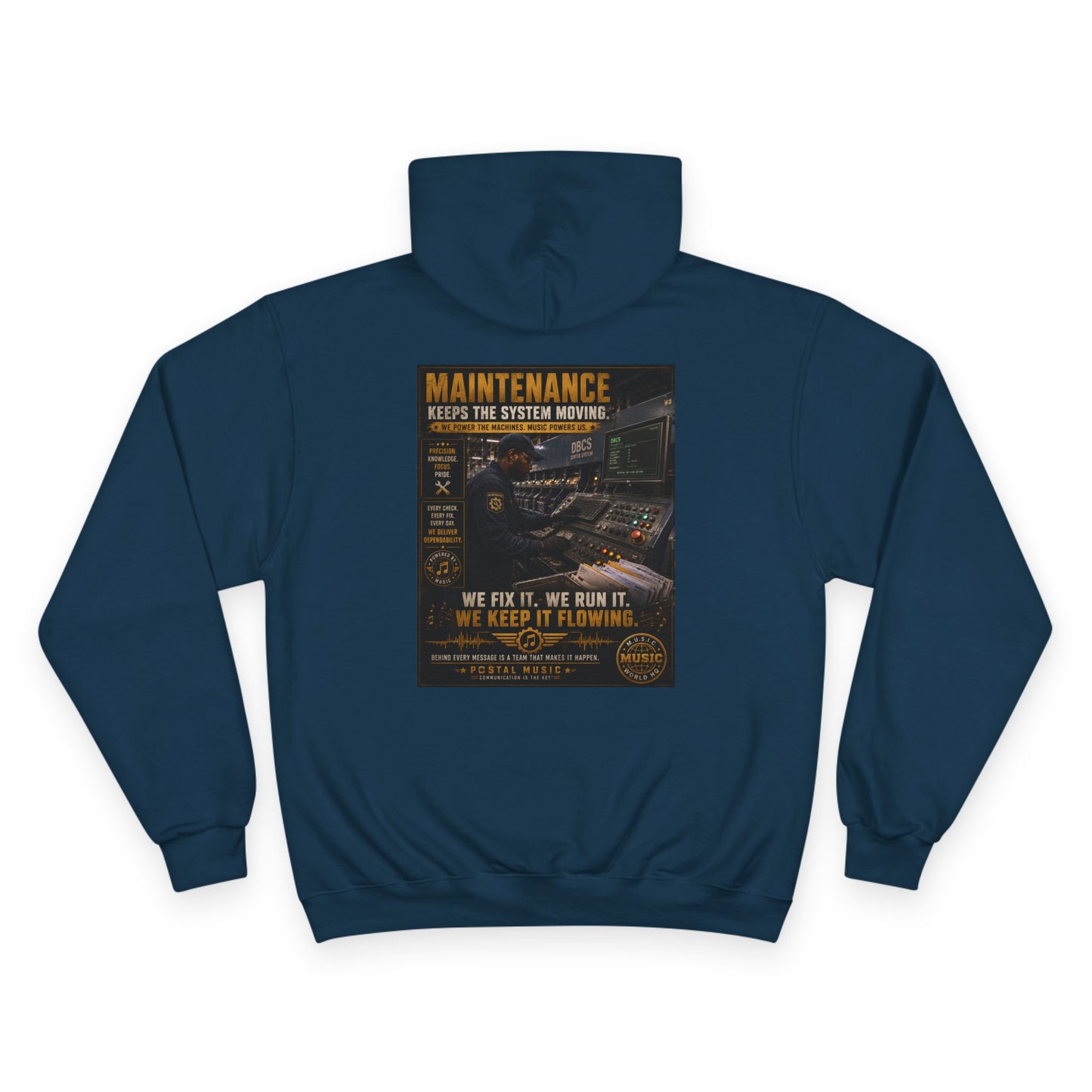 Postal Music — Maintenance Keeps the System Moving — Champion Premium Hoodie