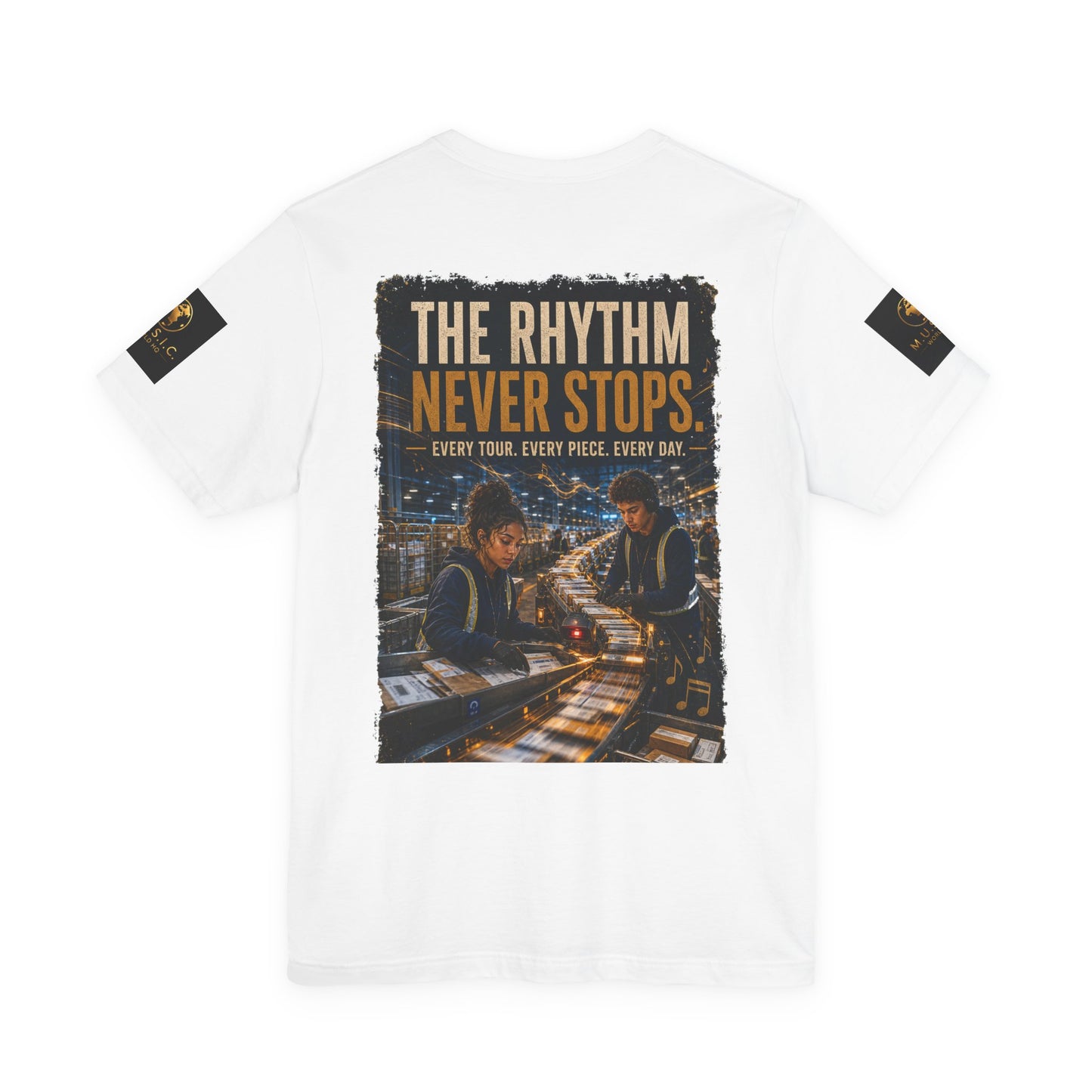 Postal Music — The Rhythm Never Stops — 4-Placement Premium Tee