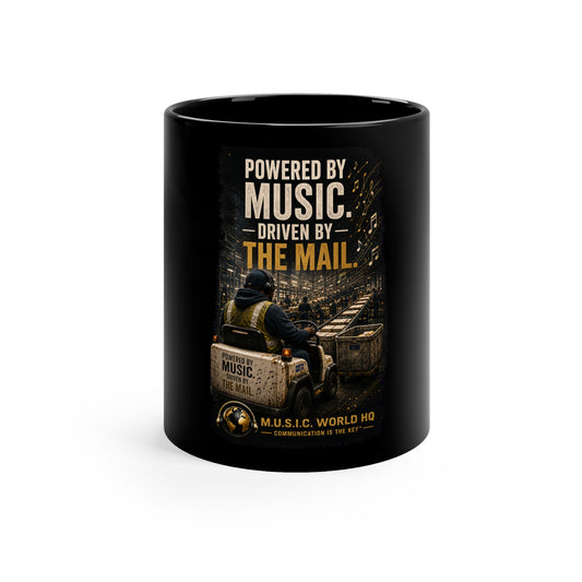 Postal Music - Powered by Music Black Coffee Mug
