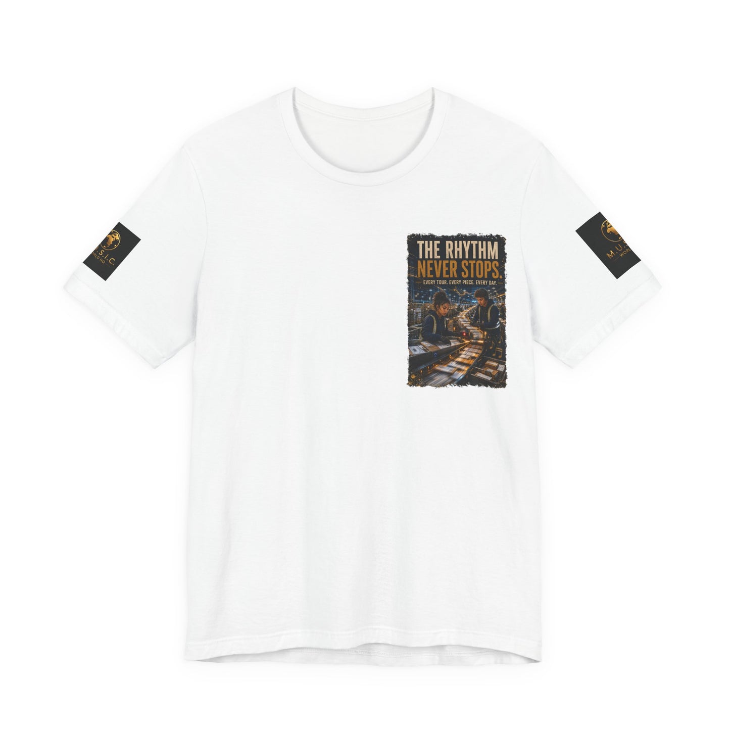 Postal Music — The Rhythm Never Stops — 4-Placement Premium Tee