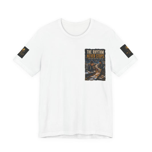 Postal Music — The Rhythm Never Stops — 4-Placement Premium Tee