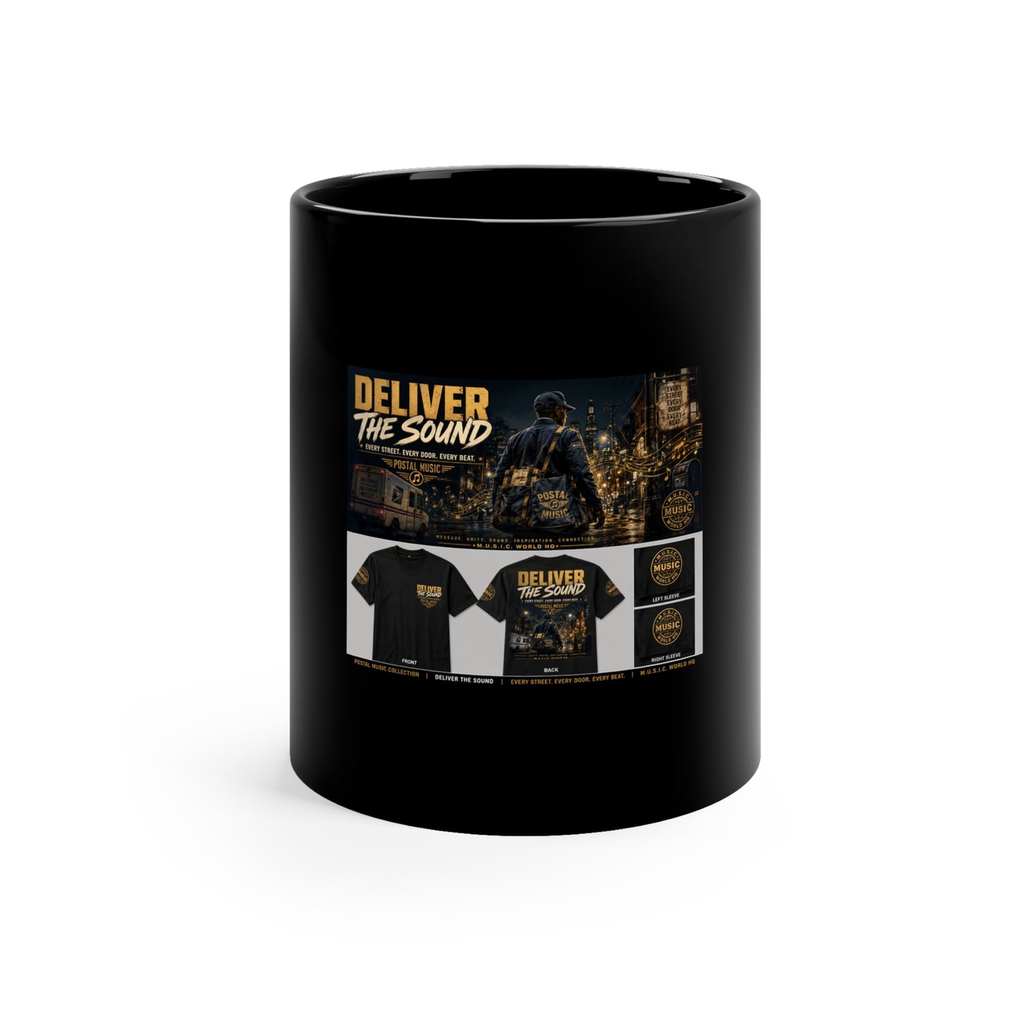 Postal Music — Deliver the Sound — Black Coffee Mug 11oz