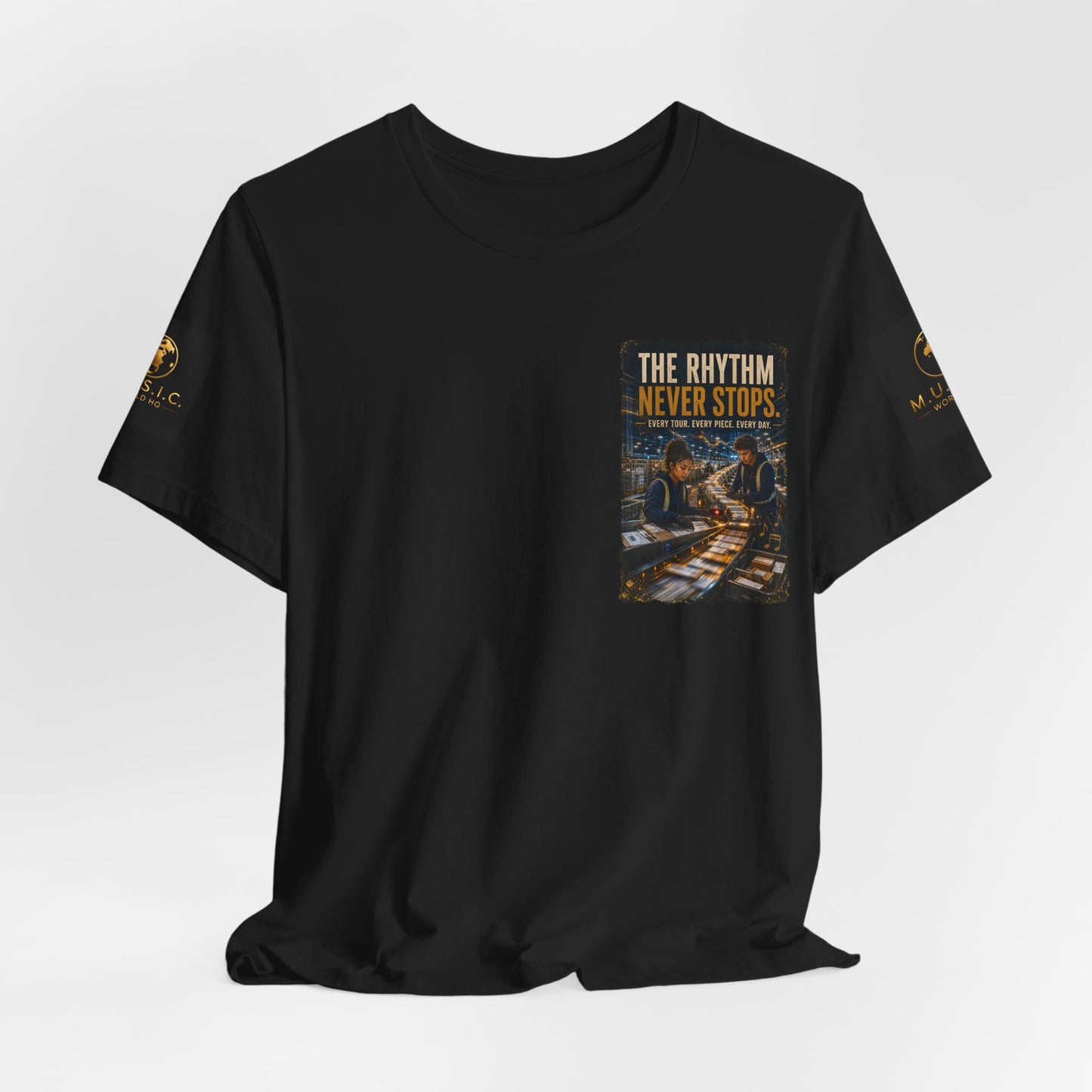 Postal Music — The Rhythm Never Stops — 4-Placement Premium Tee