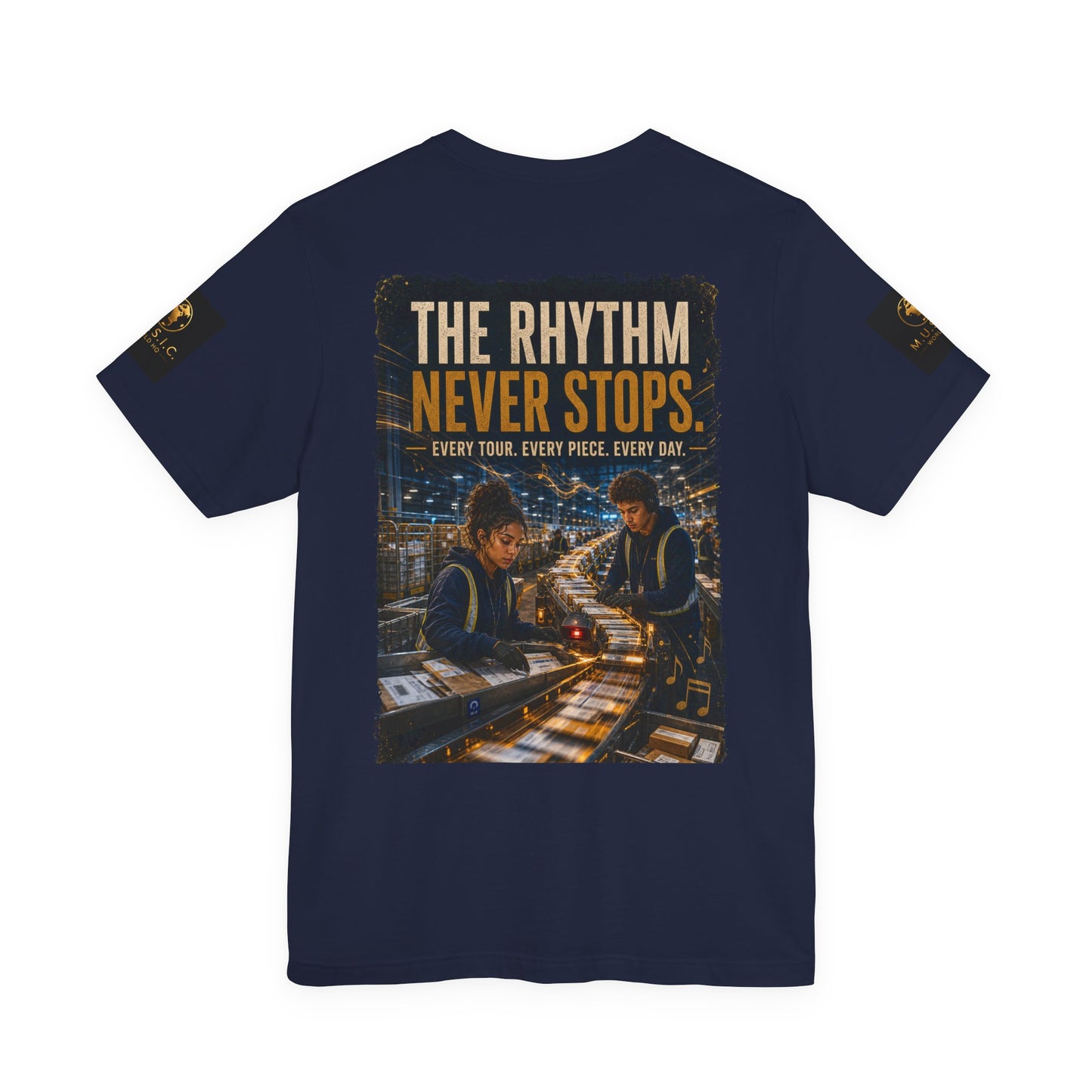 Postal Music — The Rhythm Never Stops — 4-Placement Premium Tee