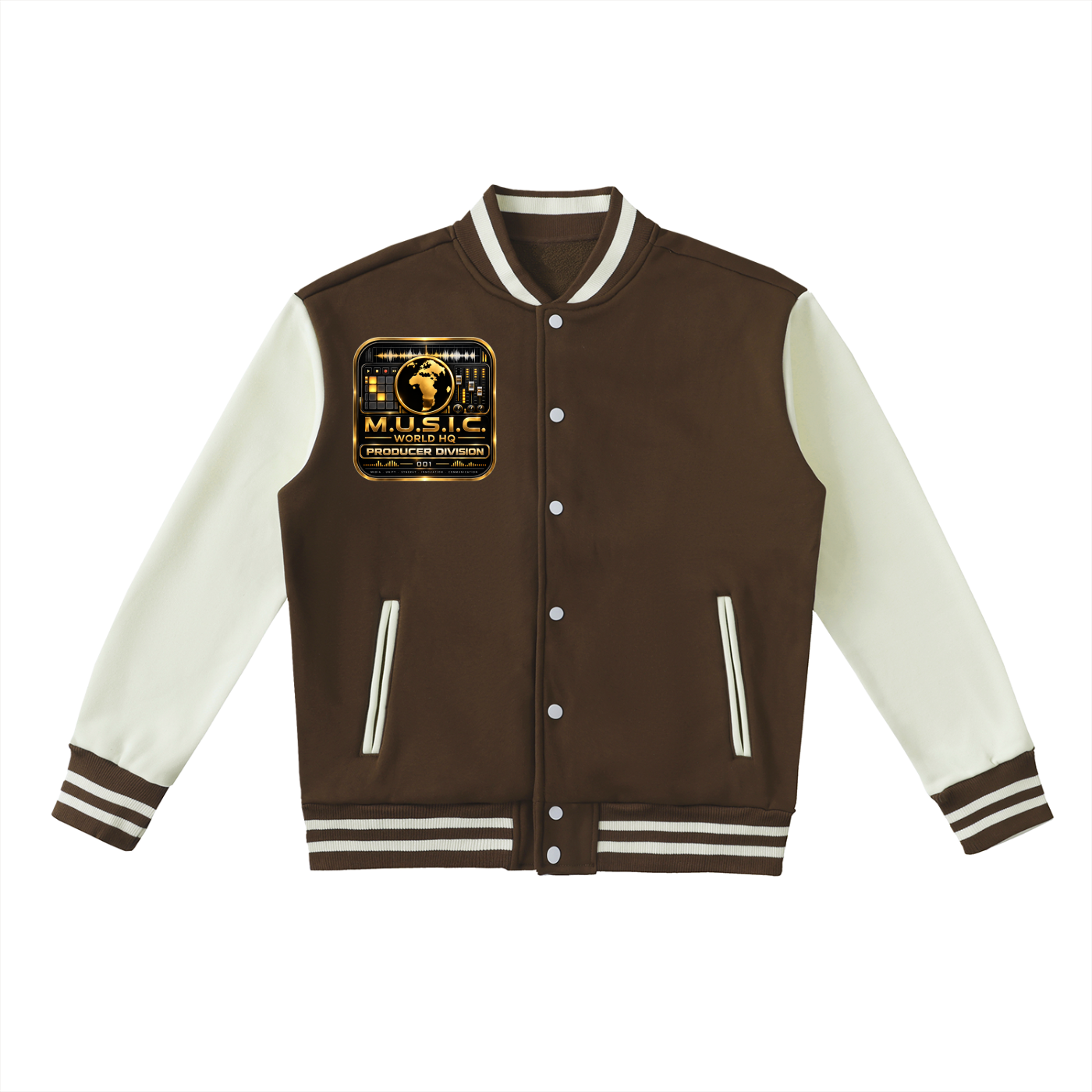 M.U.S.I.C. World HQ Creator Culture – Producer Division 001 Two-Tone Fleeced Varsity Jacket