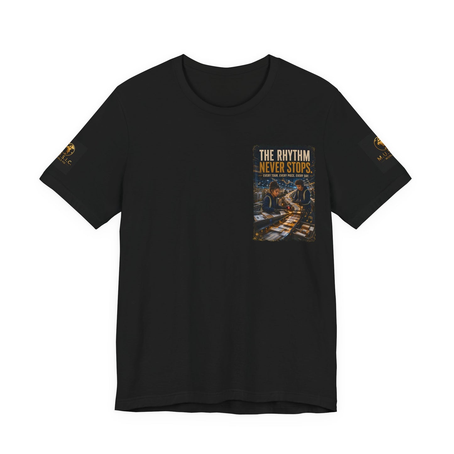 Postal Music — The Rhythm Never Stops — 4-Placement Premium Tee