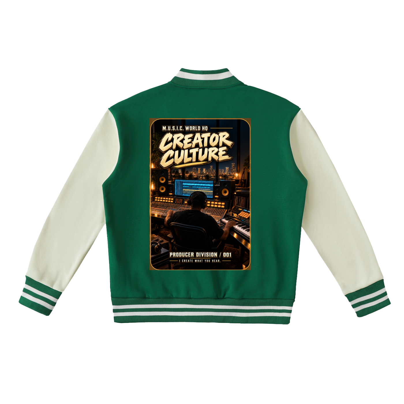 M.U.S.I.C. World HQ Creator Culture – Producer Division 001 Two-Tone Fleeced Varsity Jacket